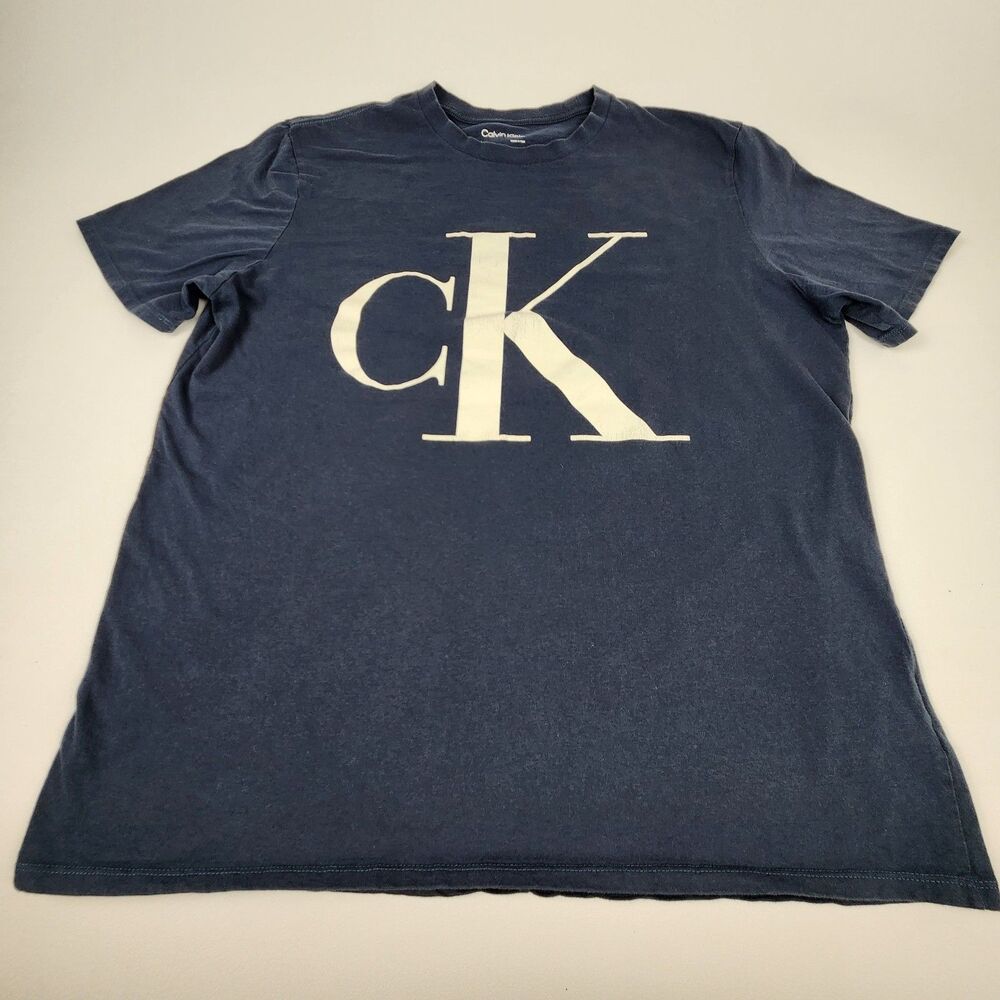 Calvin Klein Men's Large Navy Blue CK Logo T-Shirt 100% Cotton Short Sleeve Tee